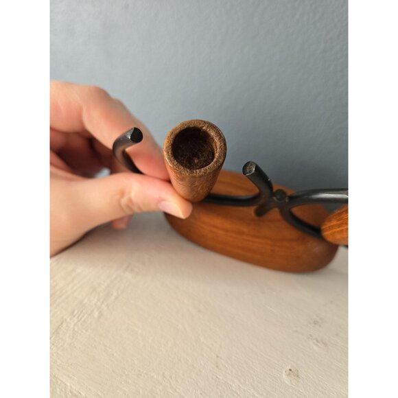 Danish Teak Candleholders Set of Two Luthje Denmark Modernist Brass Metal Wood - Picture 5 of 9